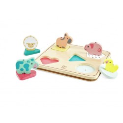 PUZLE ENCAJABLE CON SONIDOS ANIMALES DE LA GRANJA, PUZZLE DE MADERA HAPE