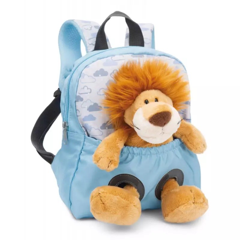 MOCHILA CON PELUCHE 21X26CM LEÓN AZUL CIELO